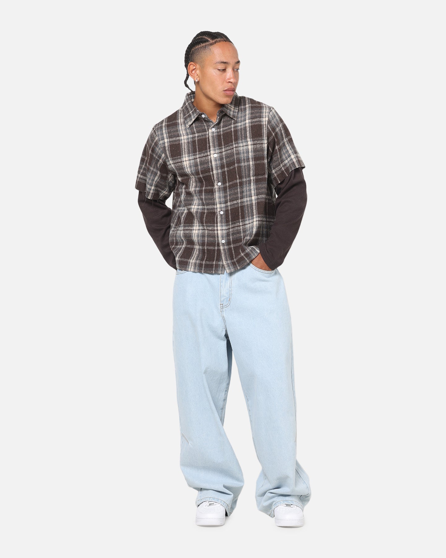 Saint Morta Plaid Layered Long Sleeve Button Up Shirt Brown