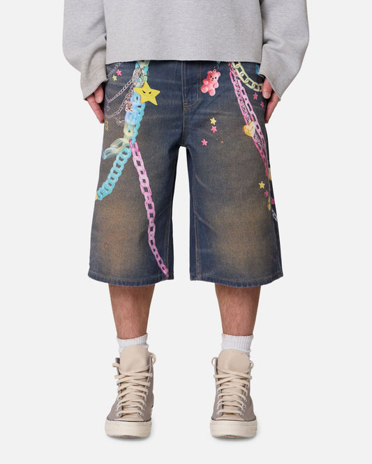 MNML Ultra Baggy Chain Printed Denim Shorts Blue