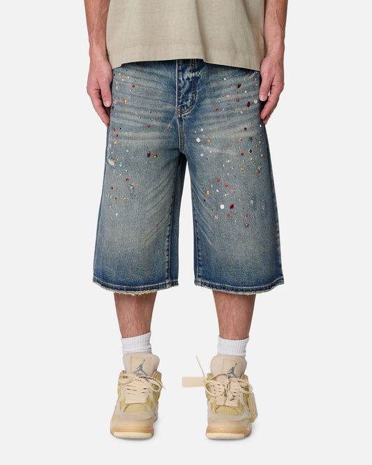 MNML Ultra Baggy Crystal Denim Shorts Blue