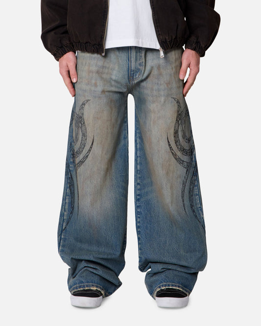 MNML Ultra Wide Tribal Denim Jeans Medium Blue